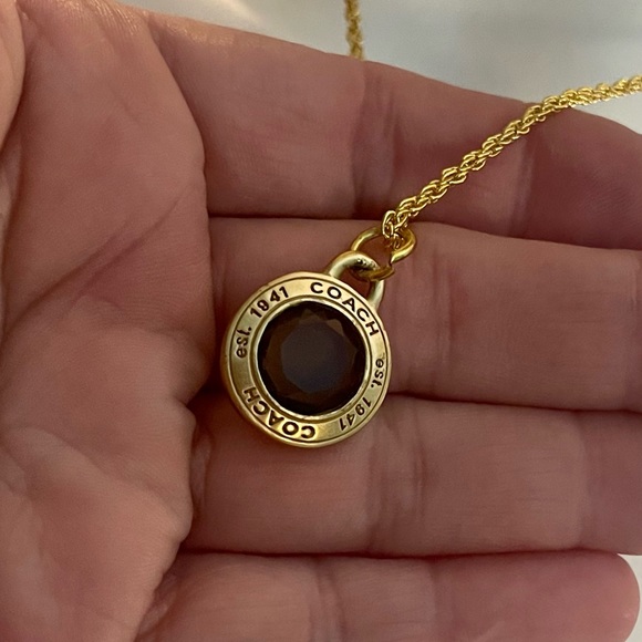 Coach Brushed Gold Bezel Set Purple Crystal Pendant 18k/.925 Sterling Necklace - Picture 5 of 6